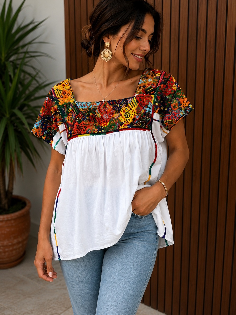 Artisan Mexican Huipil Blouse Hand Beaded Multicolor Embroidery One Size